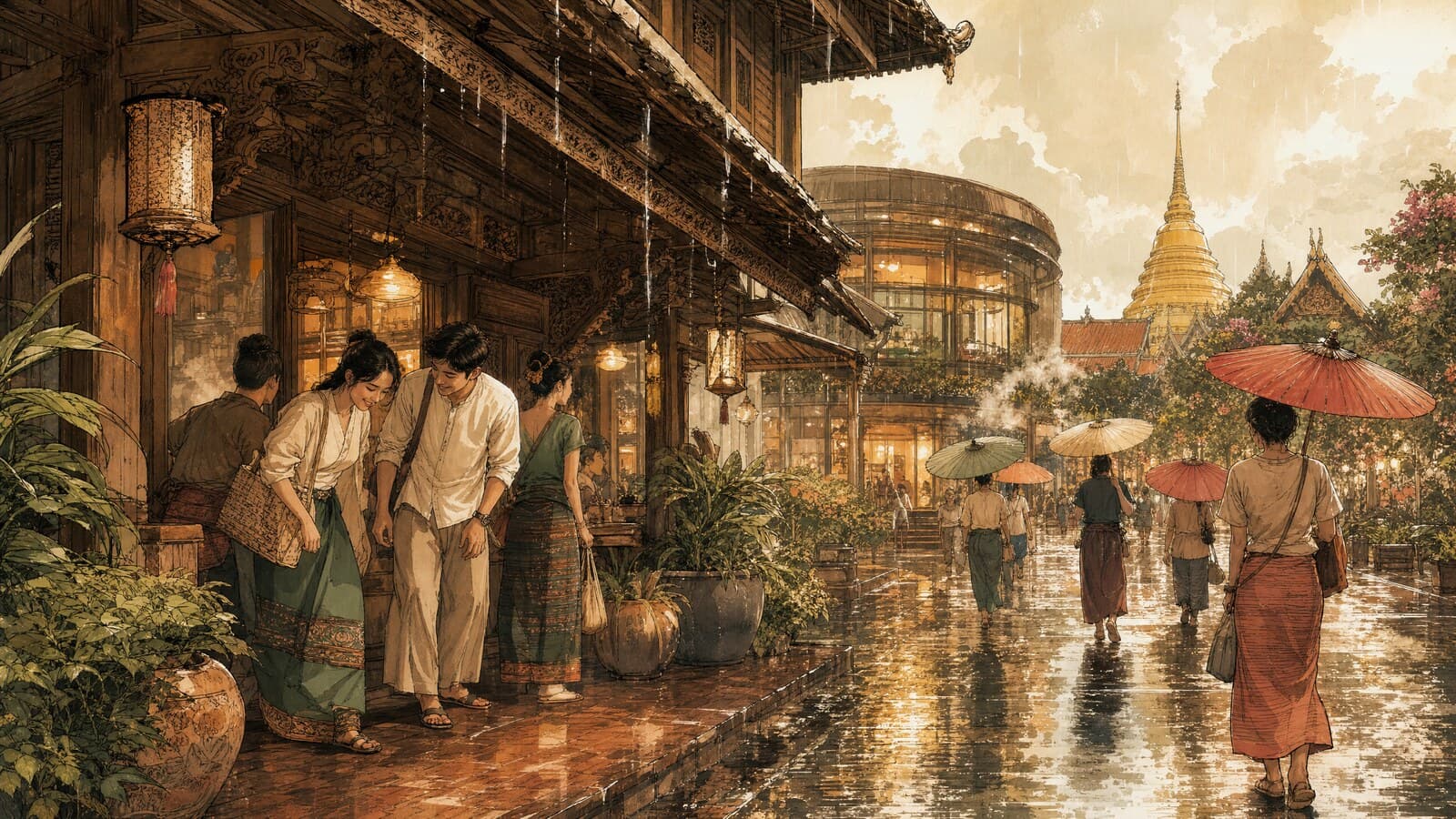 A warm Lanna-style illustration of people ducking under teak shophouse awnings during a golden afternoon downpour in Chiang Mai, a glowing mall and steamy café behind them, paper umbrellas bobbing along a rain-shined lane