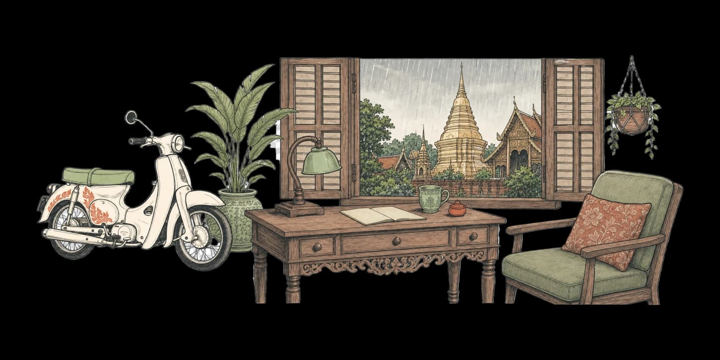 ผู้คนหลบฝนอยู่ใต้กันสาดอาคารไม้สักขณะฝนตกหนักในยามบ่ายของเชียงใหม่