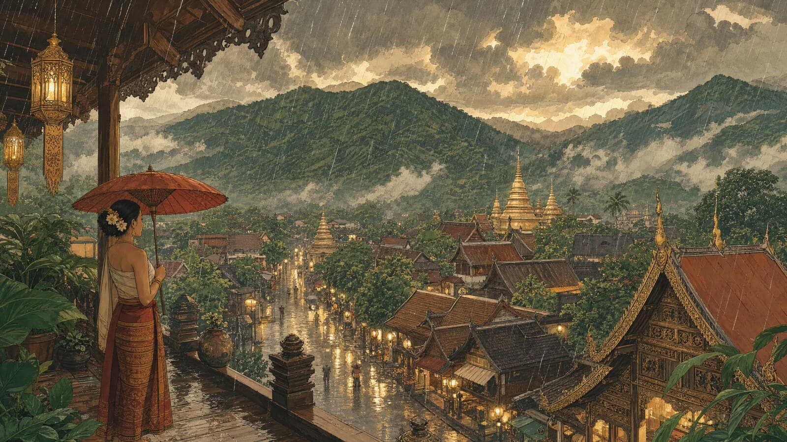 A warm Lanna-style illustration of a monsoon downpour over Chiang Mai's Old City, rain streaking past teak rooftops and glistening lantern-lit streets, with lush emerald mountains and dramatic grey-gold storm clouds behind