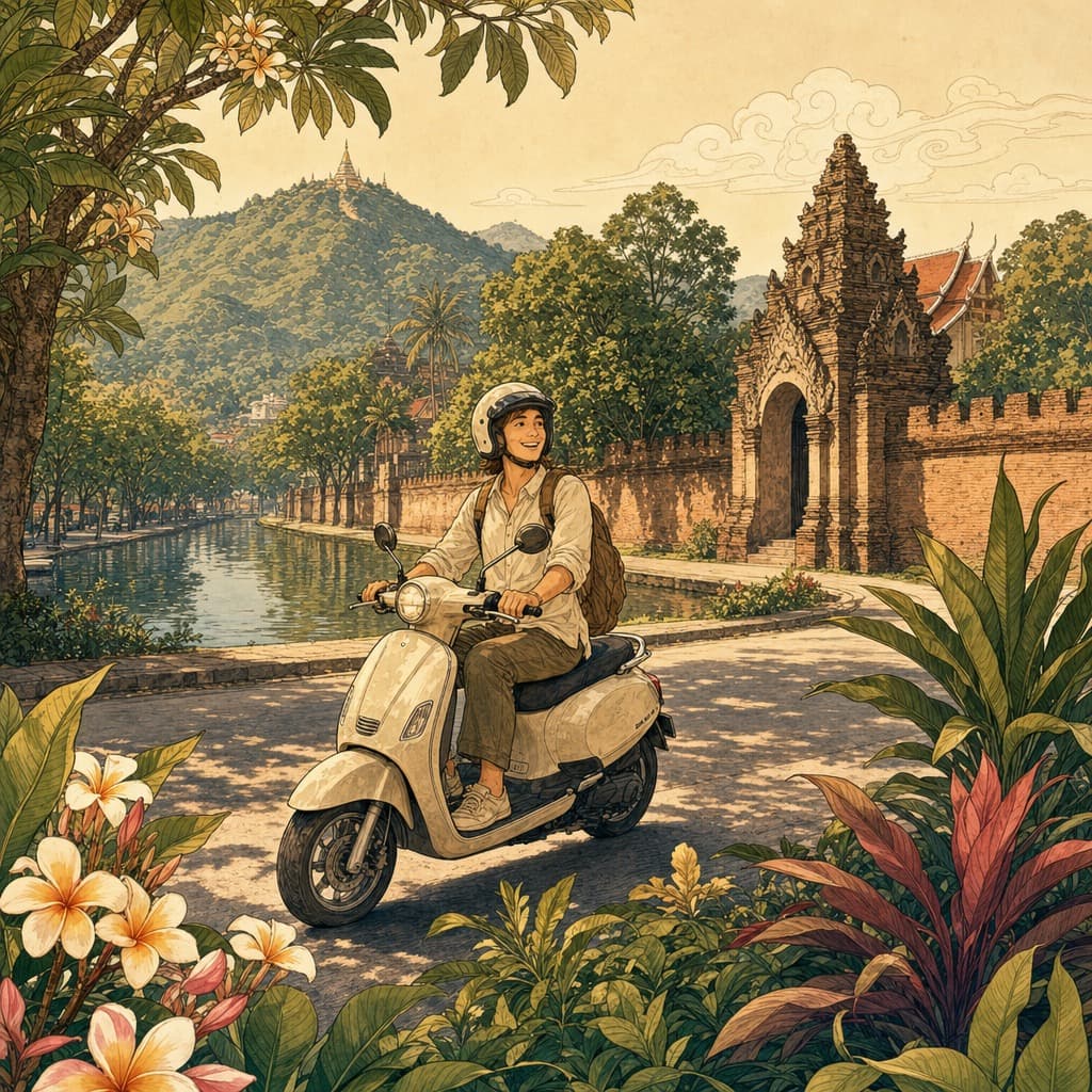 Lanna-style illustration of a smiling helmeted traveller on a small scooter on a leafy Chiang Mai street, an old temple gate and Doi Suthep behind