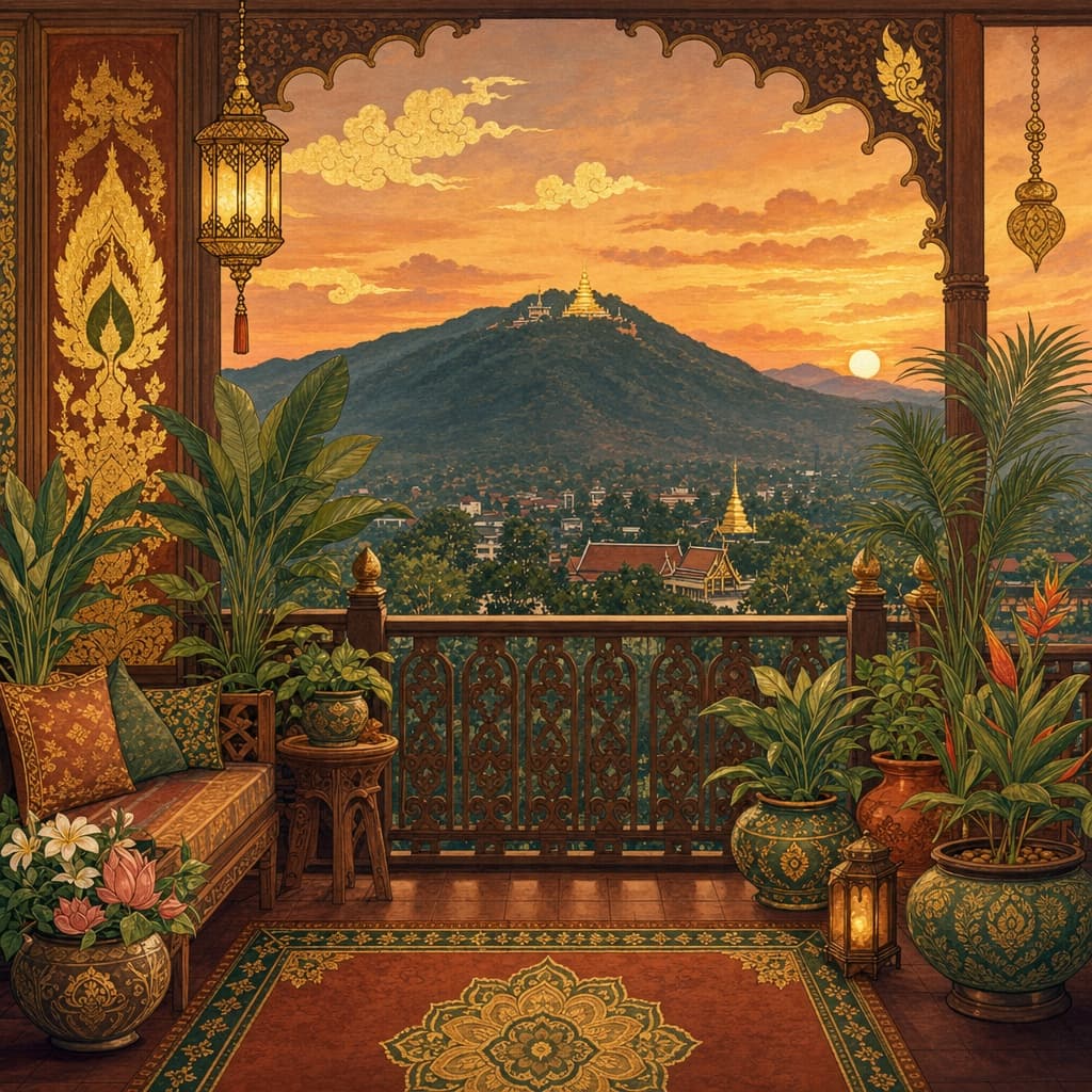 Lanna-style illustration of a Chiang Mai condo balcony with a view of Doi Suthep at dusk
