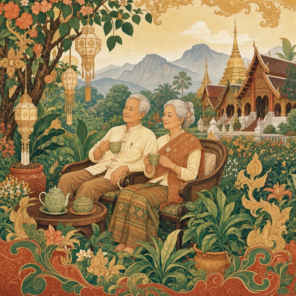 Lanna-style illustration evoking a serene retirement in Chiang Mai — an older couple relaxing in a garden with temple and mountains