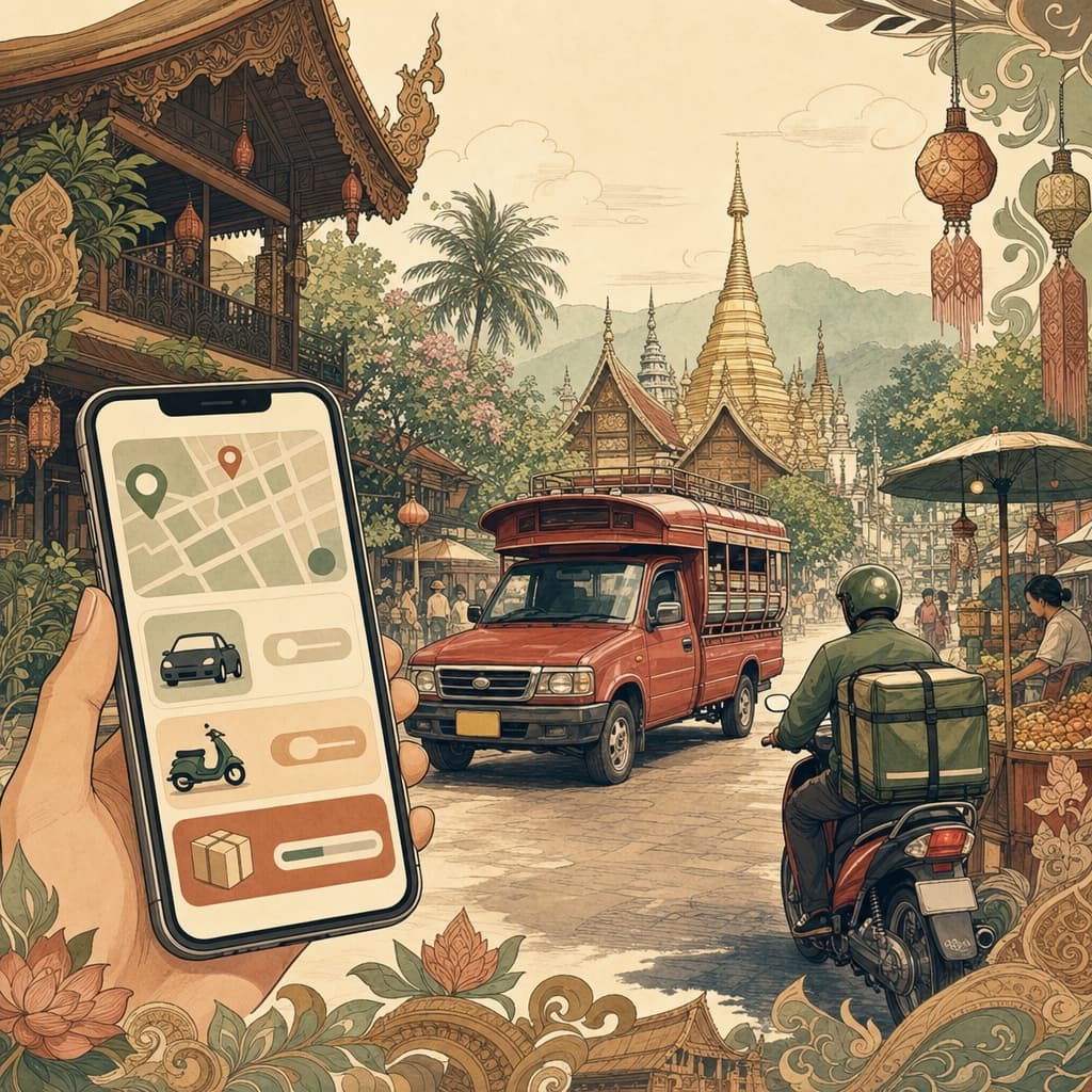 A warm Lanna-style illustration of a phone showing ride and delivery apps with a red songthaew truck and a food-delivery motorbike in a Chiang Mai street scene.