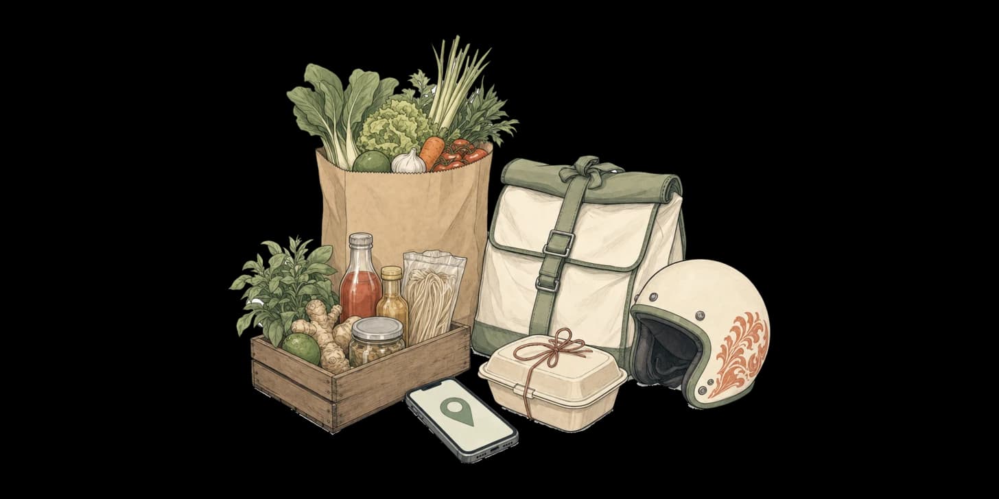 ภาพวาดสไตล์ล้านนาของการส่งอาหารและเรียกรถบนถนนในเชียงใหม่