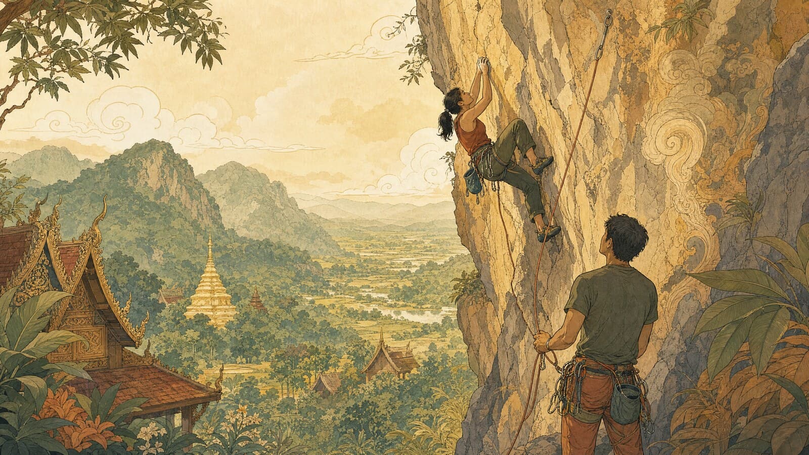 A warm Lanna-style illustration of climbers on a golden limestone crag above a green valley, one on the rope mid-climb and a belayer watching from below