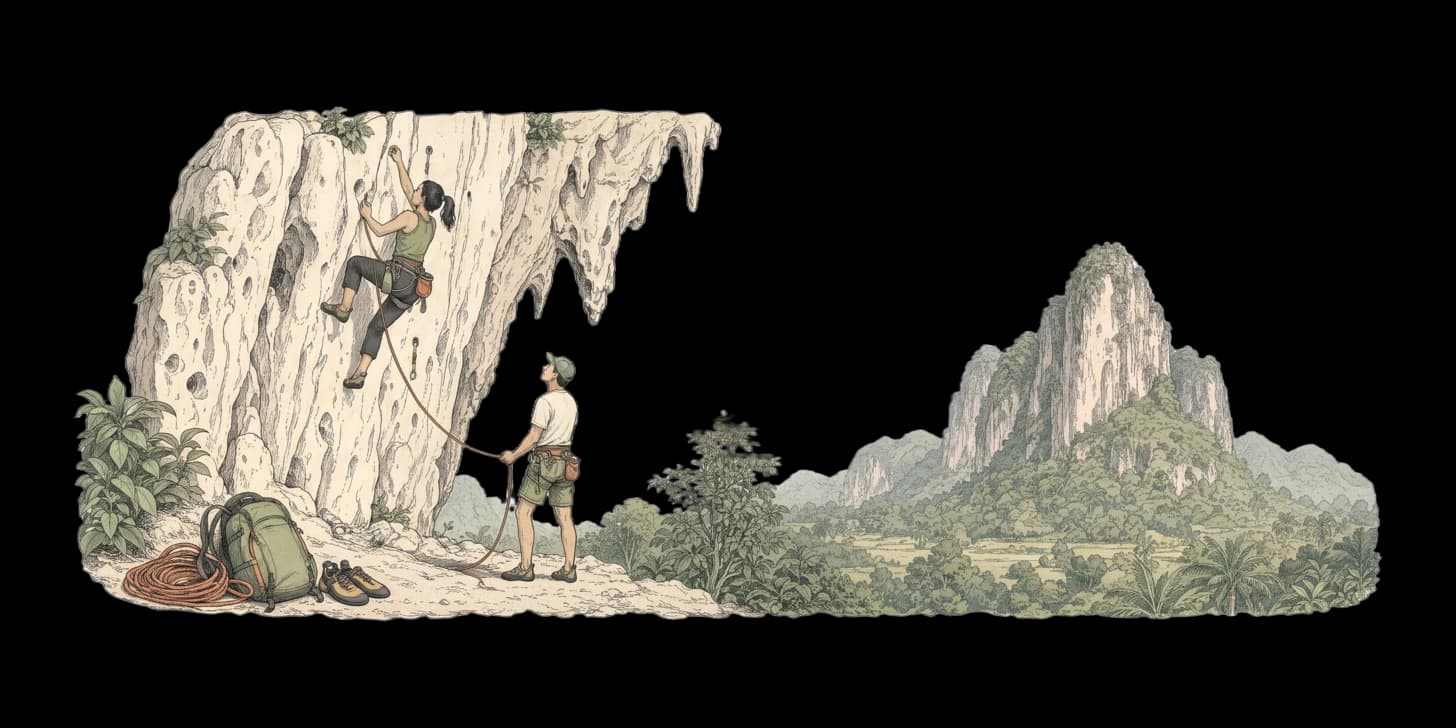 Boulderers en un rocódromo interior de colores, un escalador alcanzando una presa mientras los amigos observan desde las colchonetas