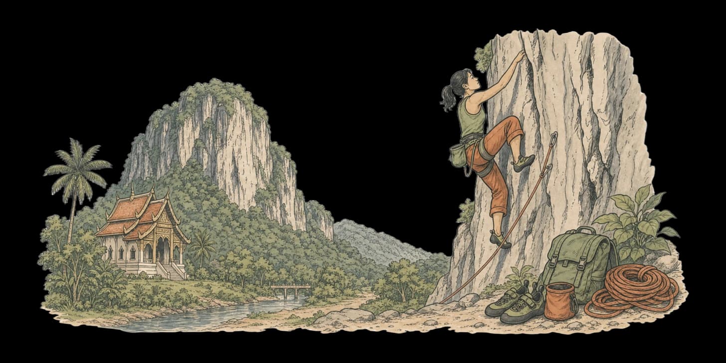 Escaladores ascendiendo un acantilado de caliza repleto de bocas de cueva, con cuerdas colgando de reuniones empernadas