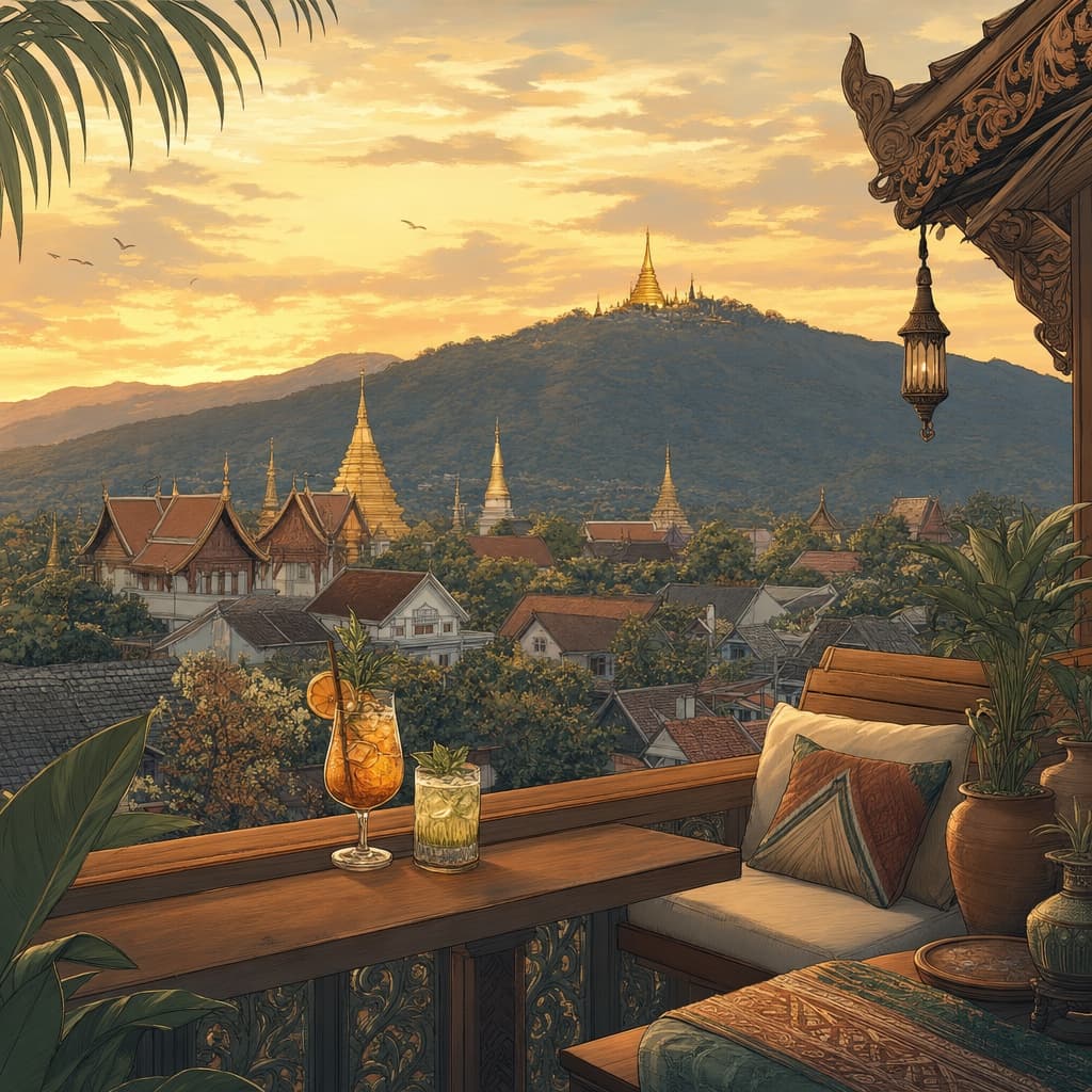 Lanna-style illustration of a Chiang Mai rooftop terrace at golden hour, drinks on the rail, Doi Suthep's silhouette rising behind the rooftops