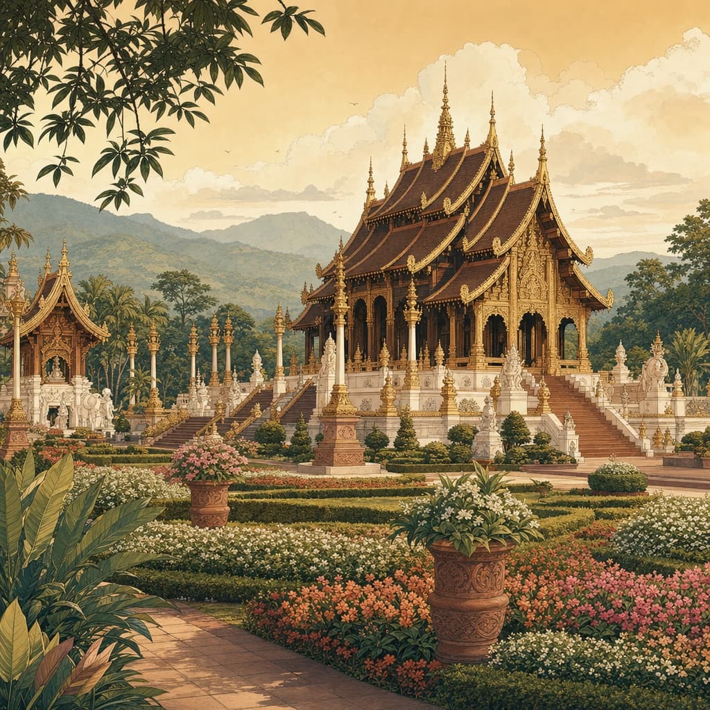 A warm Lanna-style illustration of the grand golden Ho Kham Royal Pavilion and formal flower gardens at Royal Park Rajapruek.