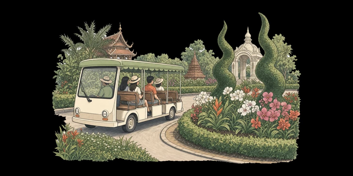 Ilustración estilo Lanna de los jardines temáticos de flores de Royal Park Rajapruek