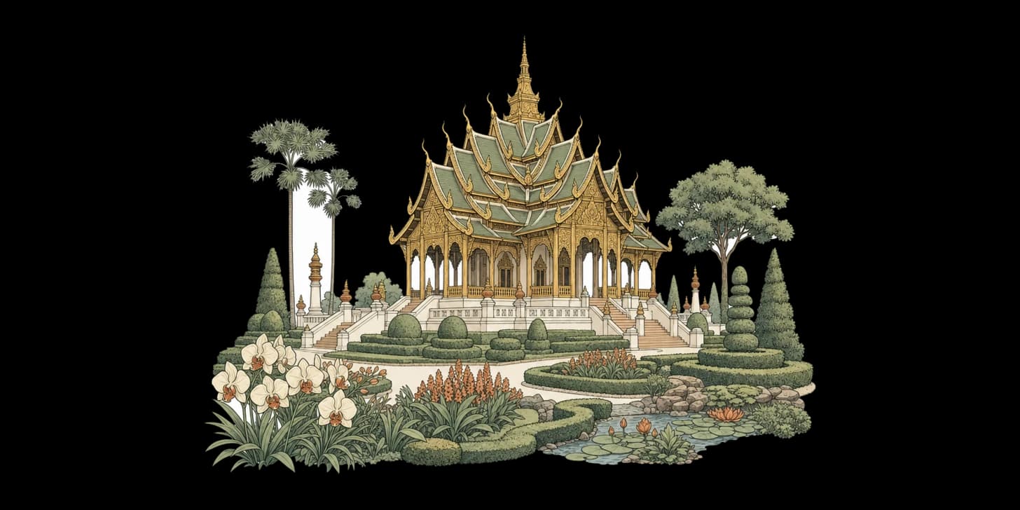 Ilustración estilo Lanna del dorado pabellón real Ho Kham y los jardines formales de Royal Park Rajapruek