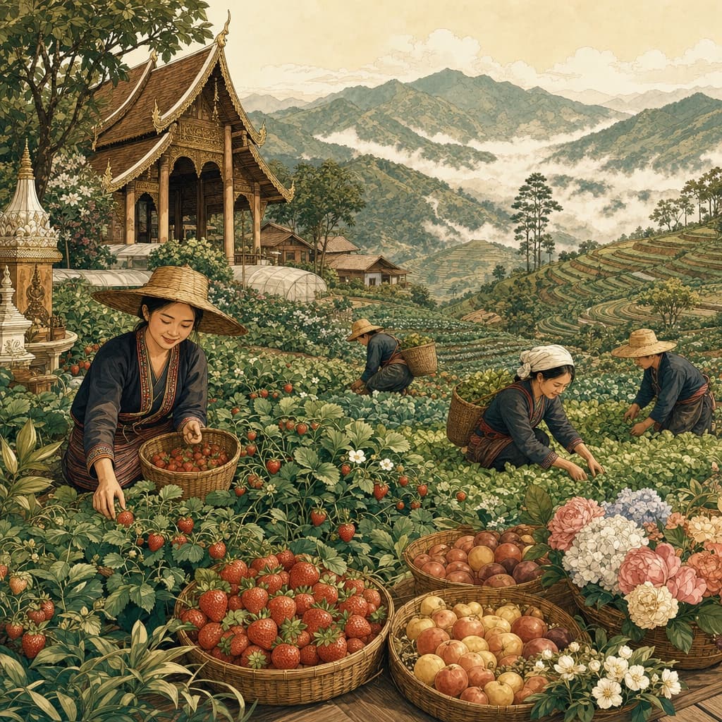 A warm Lanna-style illustration of a highland Royal Project farm above Chiang Mai, with terraced strawberry and vegetable plots, farmers harvesting, baskets of temperate fruit and flowers, and misty mountains behind.