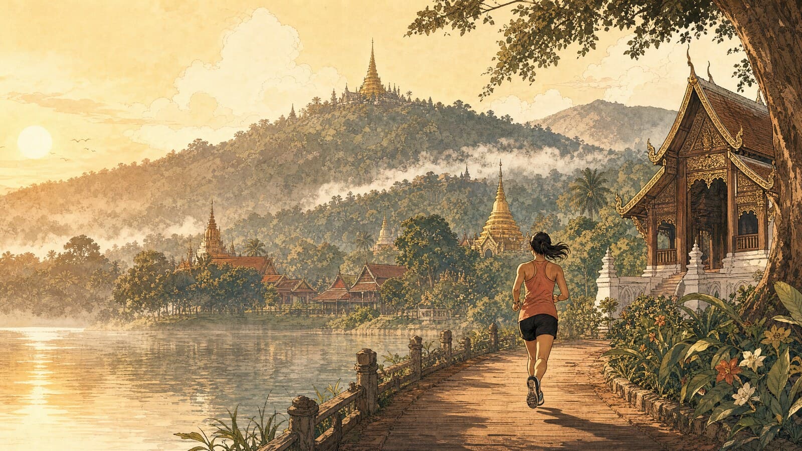 A warm Lanna-style illustration of a lone runner on a misty lakeside path at first light, golden temple rooftops and the forested ridge of Doi Suthep rising behind