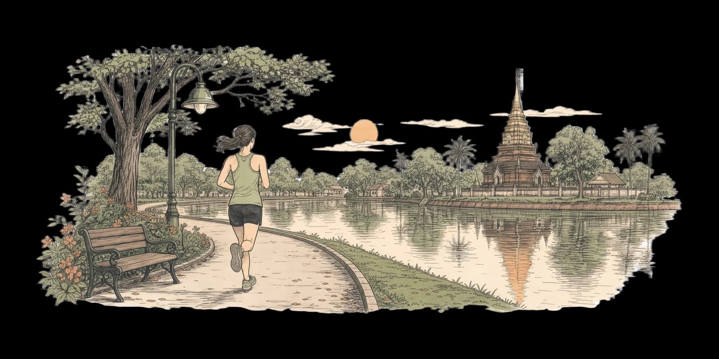 A runner pausing under an old brick gate as a short monsoon shower passes, clouds parting over the mountain