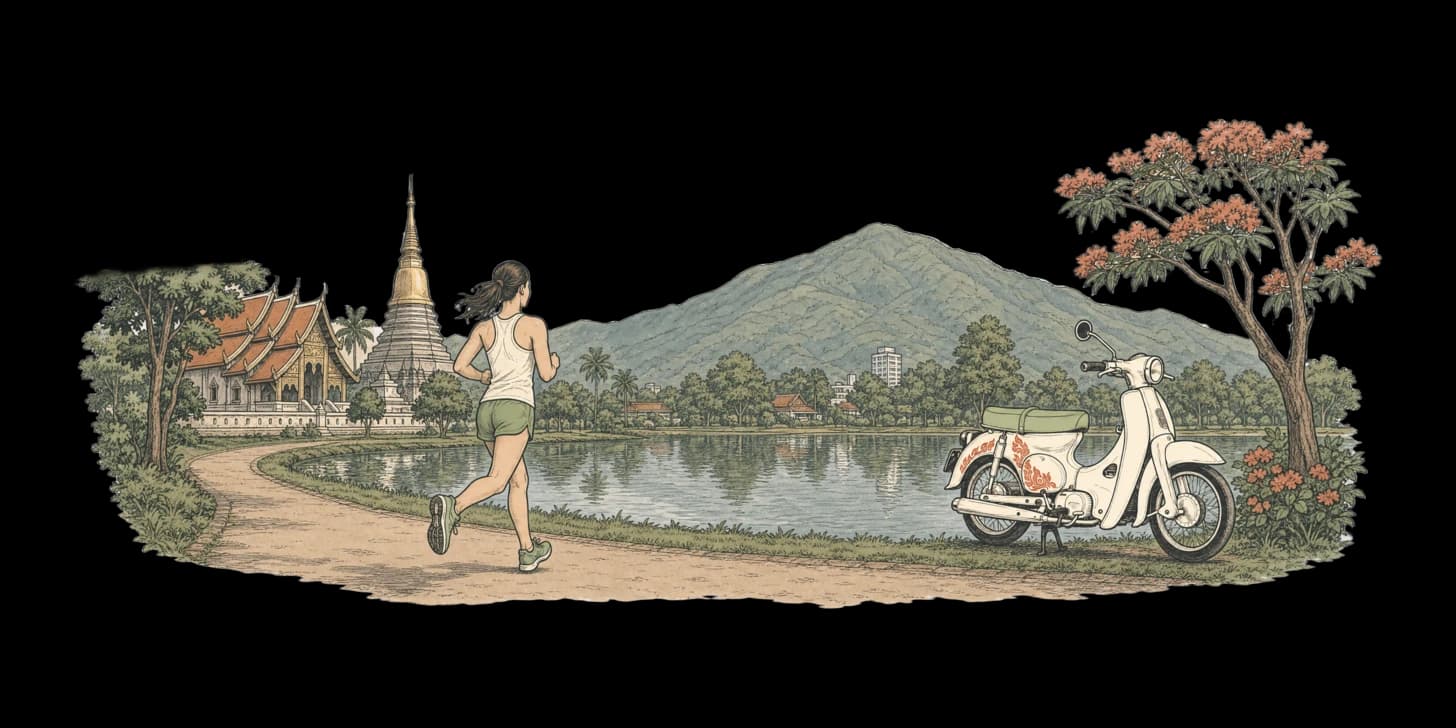 Runners on a flat lakeside path at dawn, mist lifting off the water and forested hills behind