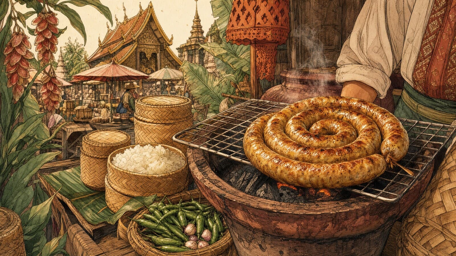 A warm Lanna-style illustration of a coiled golden sausage grilling over charcoal at a Chiang Mai market stall, with sticky rice baskets and green chillies alongside