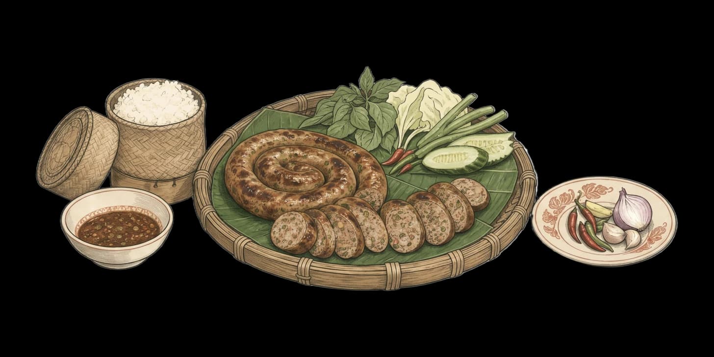 Rondelle di salsiccia affettata accanto a un cestino di riso glutinoso, salsa di peperoncino verde e cotenne di maiale soffiato