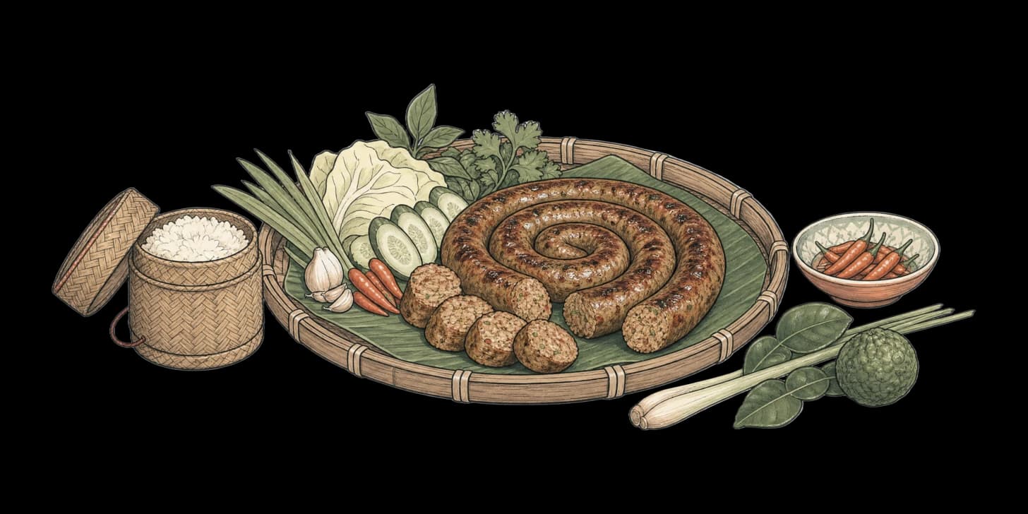 Una spirale di salsiccia dorata con erbe che cuoce sulla brace ardente