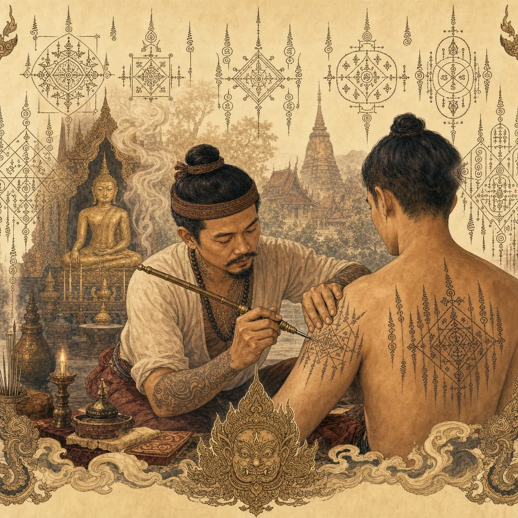 Lanna-style illustration of a Sak Yant master applying a sacred geometric tattoo with a long bamboo rod in a quiet temple setting with incense and a shrine