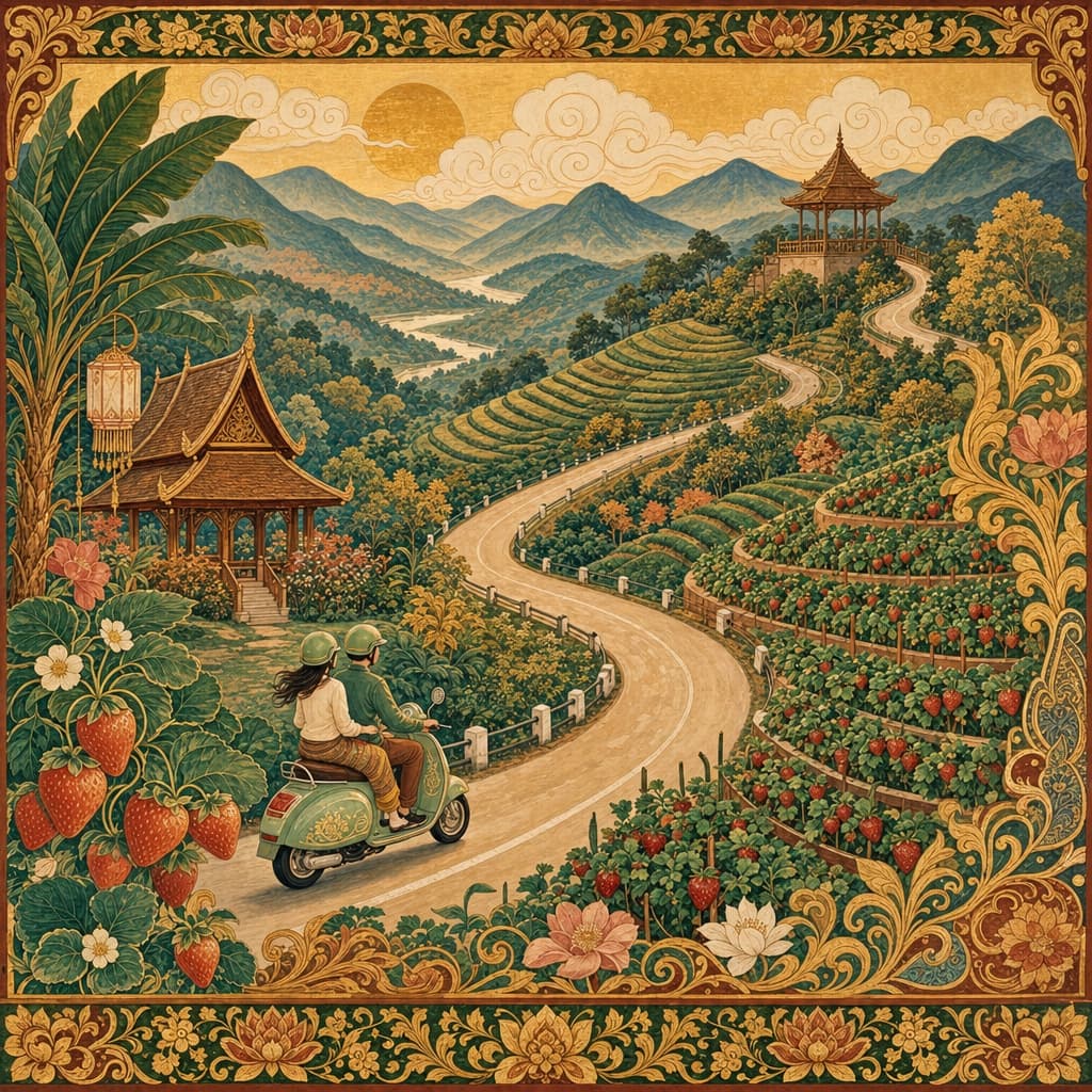 Lanna-style illustration of a winding mountain scooter route through Mae Sa valley — terraced hills, strawberry farms, viewpoints