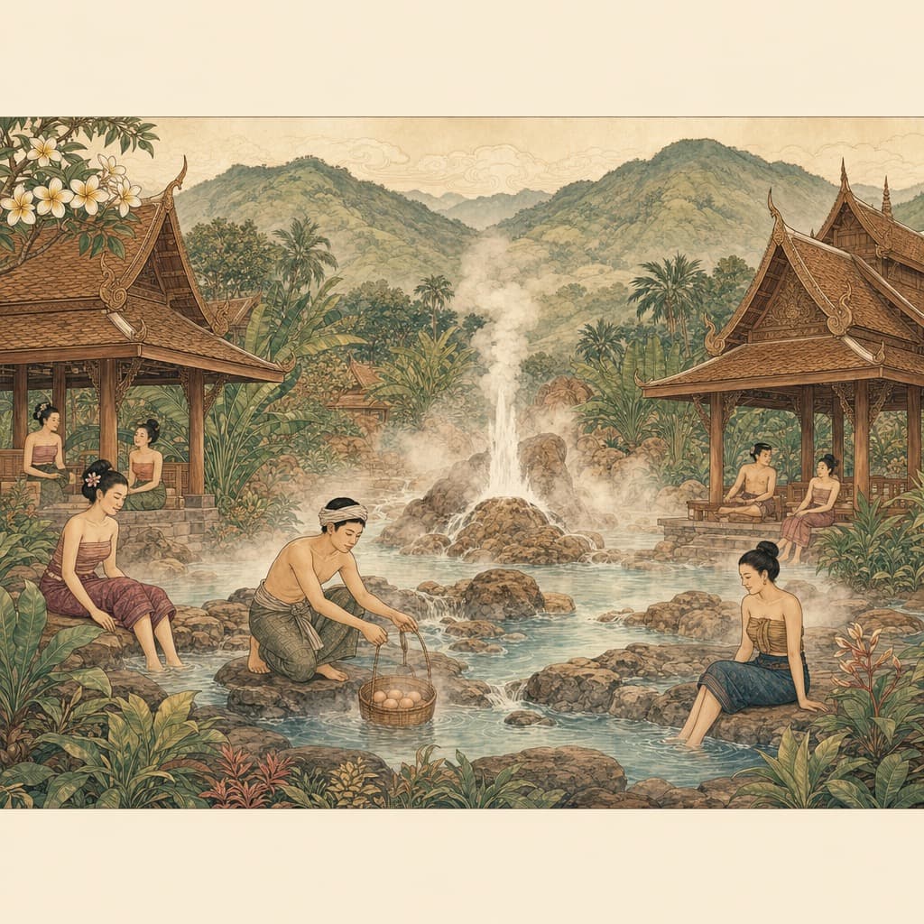 Lanna-style illustration of San Kamphaeng hot springs with a steaming geyser, people soaking their feet and lowering egg baskets, gardens and misty mountains