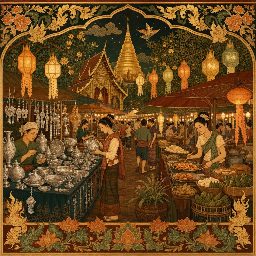 Lanna-style illustration of the Wualai Saturday night market — silver crafts, food stalls, lantern light