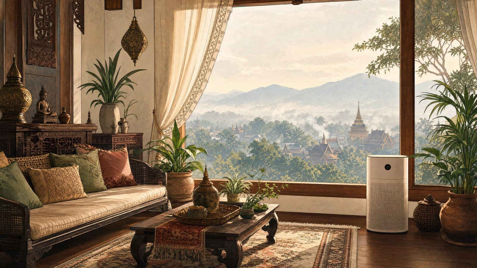 A warm Lanna-style illustration of a bright, airy Chiang Mai room with a HEPA air purifier by the window, potted plants, and hazy blue mountains softened by seasonal smoke in the distance.