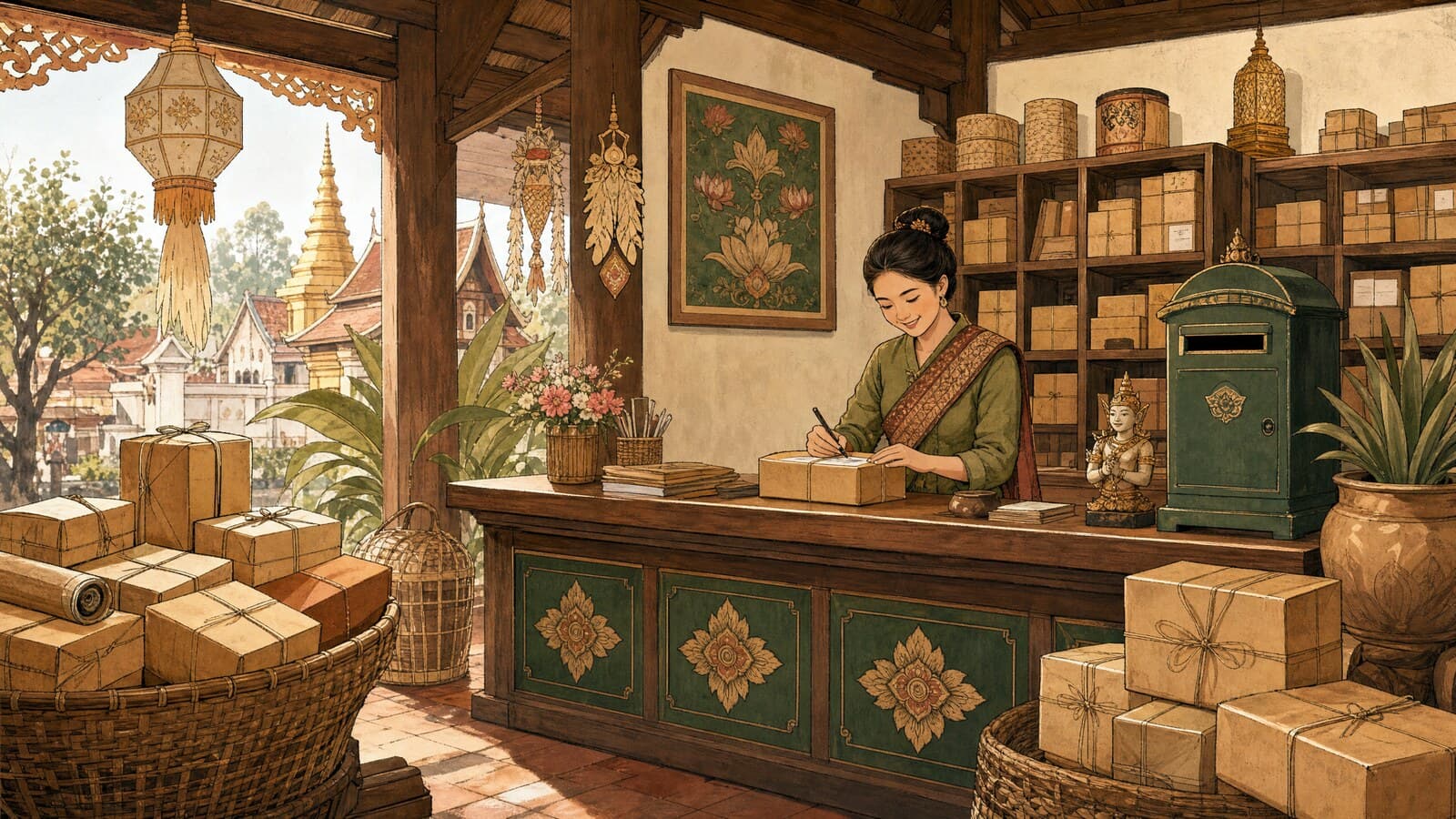 A warm Lanna-style illustration of a small Chiang Mai post office counter with neatly stacked brown parcels, a woven basket of packages and a friendly clerk beneath teak beams