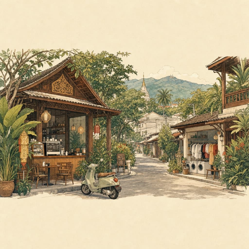 Lanna-style illustration of a leafy Nimman lane in Chiang Mai with a cafe, a scooter and Doi Suthep mountain in the distance