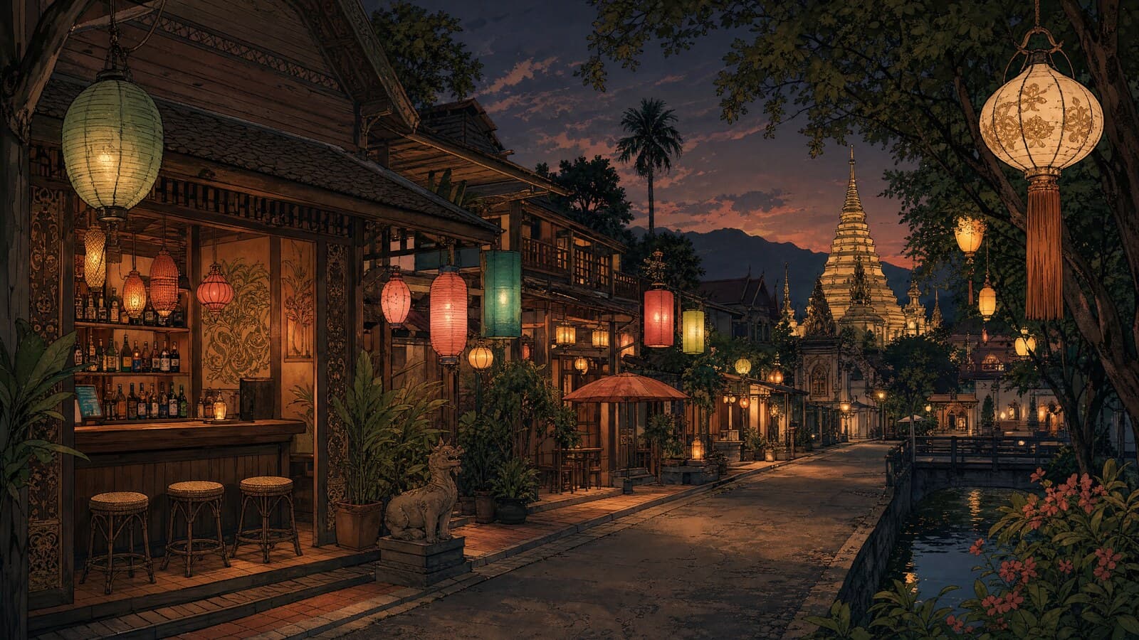 A warm Lanna-style illustration of a quiet Chiang Mai night street at dusk, with soft neon bar signs, paper lanterns and a calm, low-key mood, no people and no real text or letters.