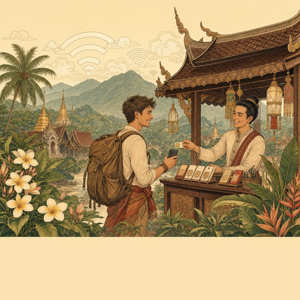 Lanna-style illustration of a traveller buying a SIM card at a small Chiang Mai phone stall, with soft wifi-wave motifs and green mountains behind