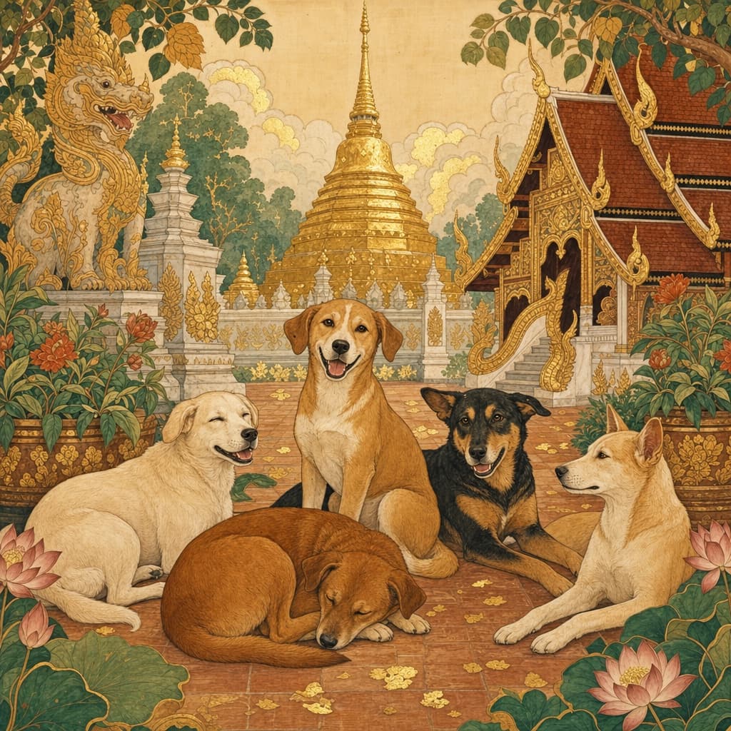 Lanna-style illustration of friendly street dogs resting in a temple courtyard, gentle and warm