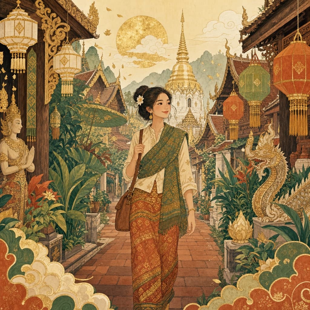 Lanna-style illustration of a confident solo woman traveller exploring a Chiang Mai temple lane, warm and safe