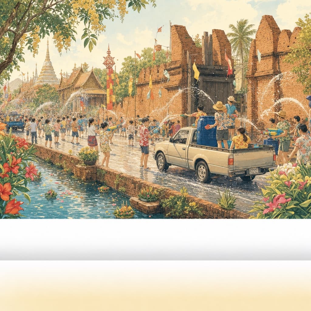 Lanna-style illustration of Songkran in Chiang Mai, joyful water-splashing by the old city moat and Tha Phae Gate in bright sunshine