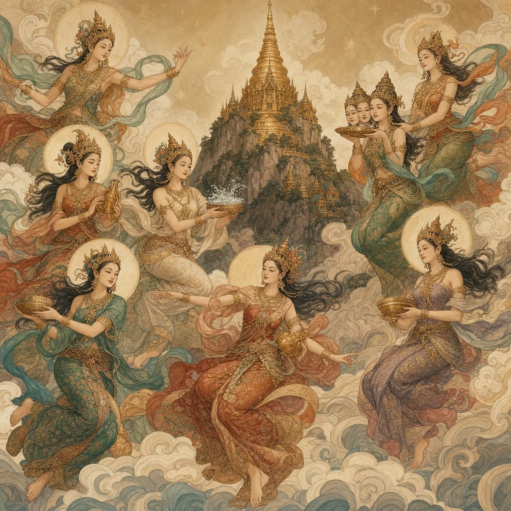 Tasteful Lanna-style illustration of the seven Nang Songkran goddesses in a celestial procession, one bearing a four-faced head on a tray around golden Mount Meru
