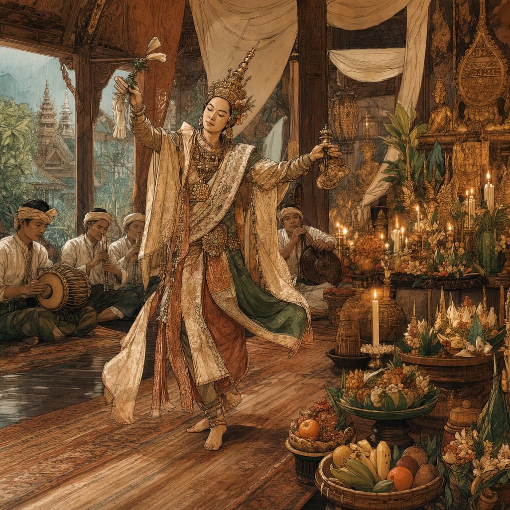 Lanna-style illustration of a spirit medium in elaborate silk costume dancing in trance before offerings and candlelight, with a traditional northern orchestra