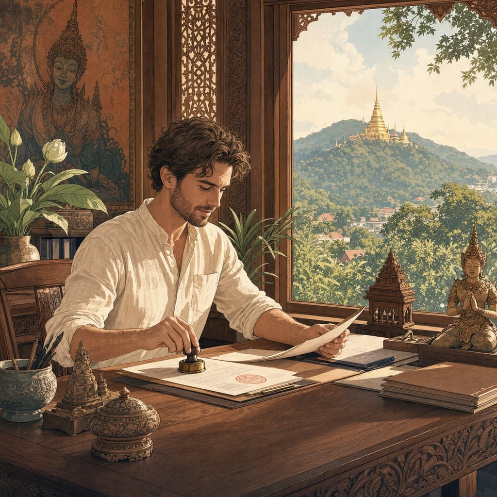 Lanna-style illustration of a foreign founder at a teak desk with company papers, a work-permit stamp and Doi Suthep beyond the window