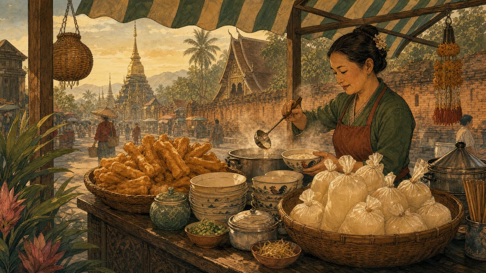 A warm Lanna-style illustration of a dawn market breakfast stall in Chiang Mai, with steaming bowls of rice porridge, golden fried dough sticks and bags of hot soy milk under a striped awning