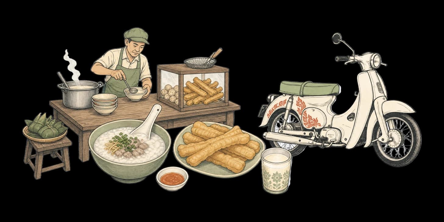 부드러운 달걀과 생강 채, 파를 얹은 죡 쌀죽 한 그릇