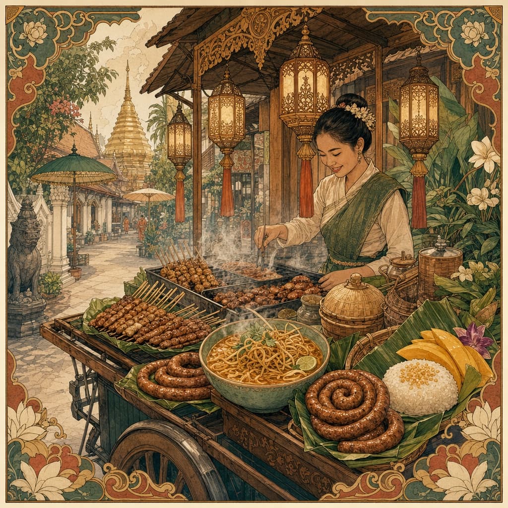 Lanna-style illustration of a Chiang Mai street food cart with grilled skewers, a steaming bowl of khao soi, sai ua sausage coils and mango sticky rice, framed by ornate northern Thai patterns and teak lanterns