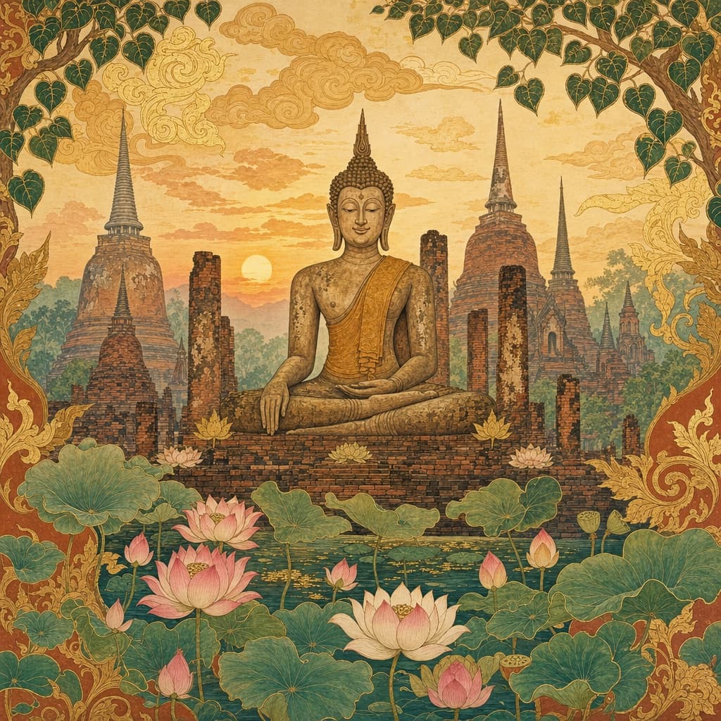 Lanna-style illustration of Sukhothai Historical Park — a serene seated Buddha among ancient brick ruins and a lotus pond at dawn