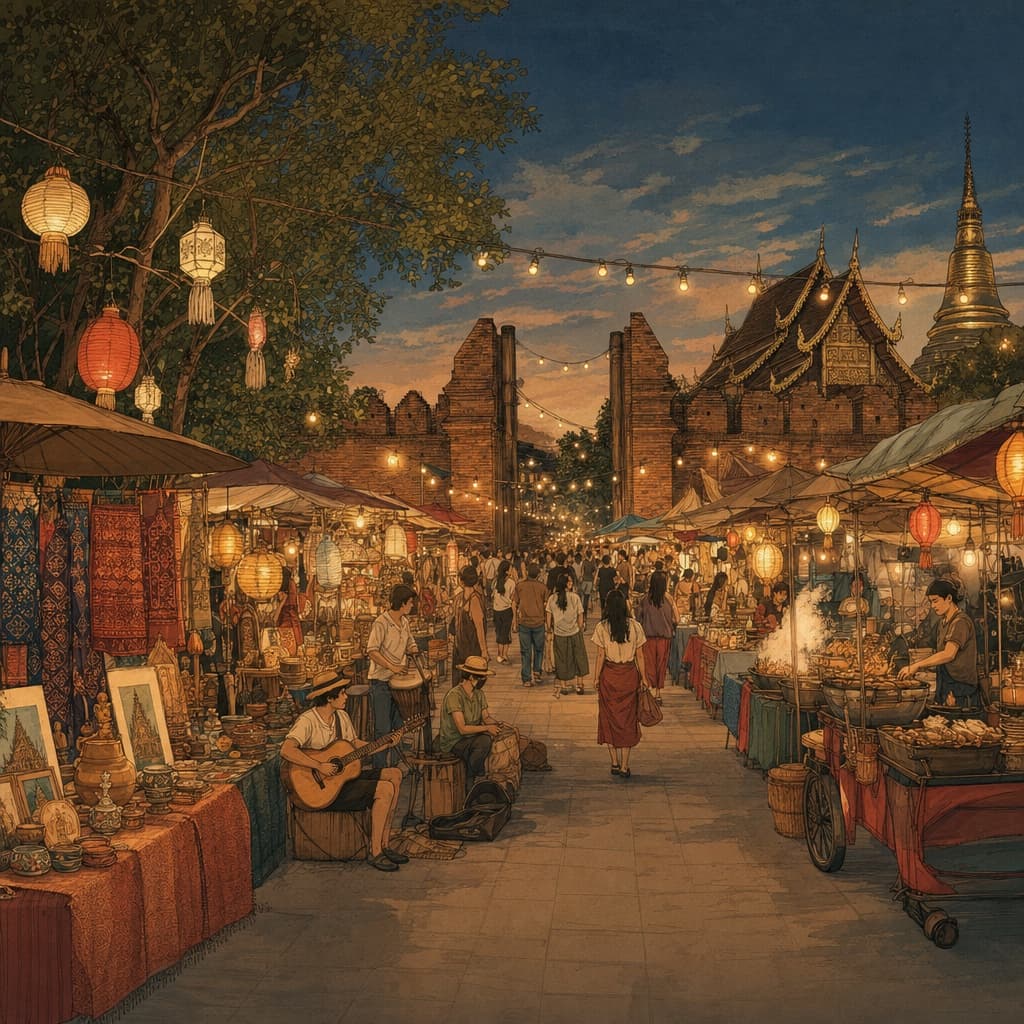 Lanna-style illustration of the Sunday Walking Street night market in Chiang Mai's old city, lantern-lit stalls and street food by Tha Phae Gate