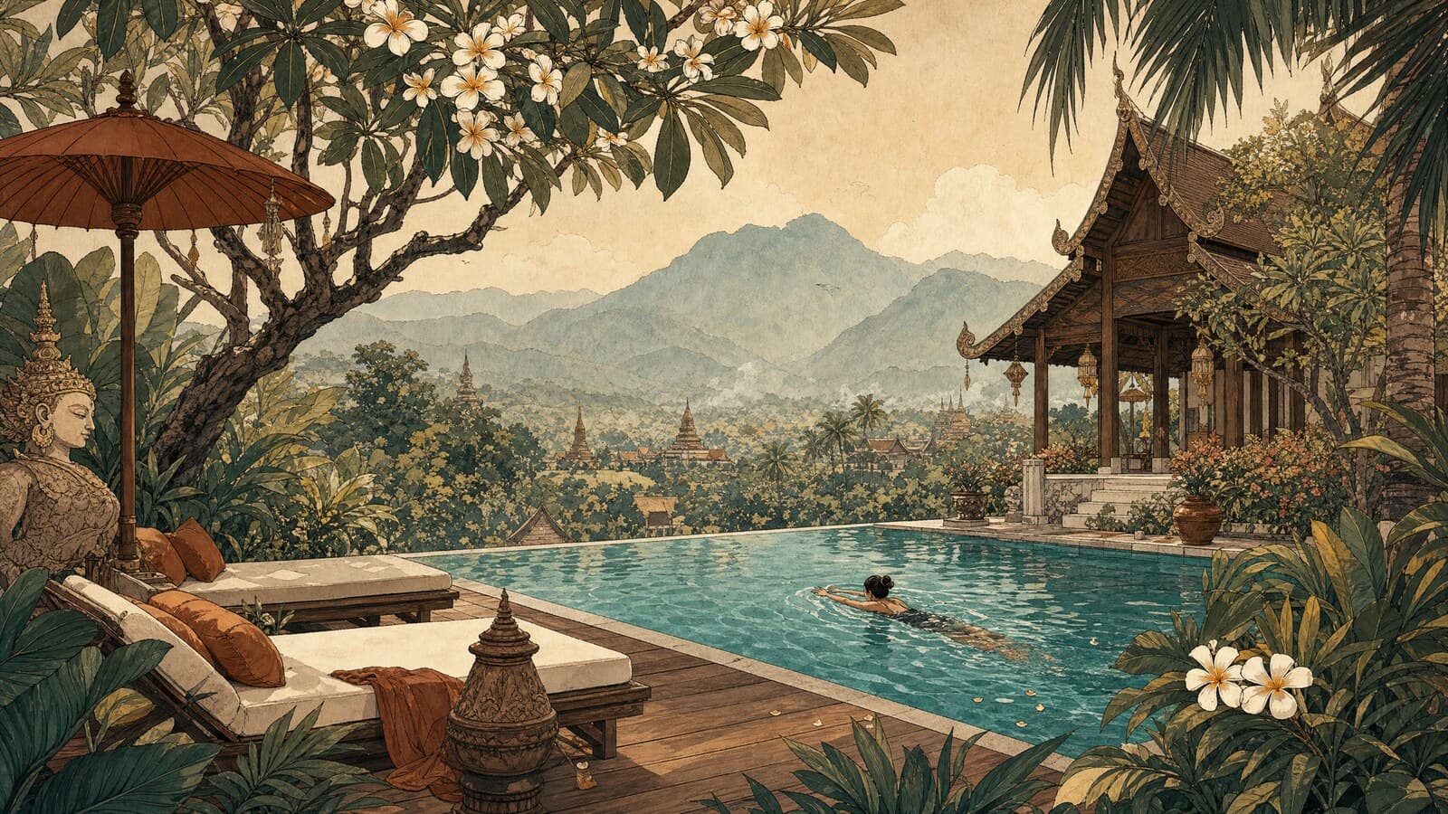 A warm Lanna-style illustration of a turquoise swimming pool shaded by palms and frangipani, a swimmer gliding through the water with misty mountains beyond