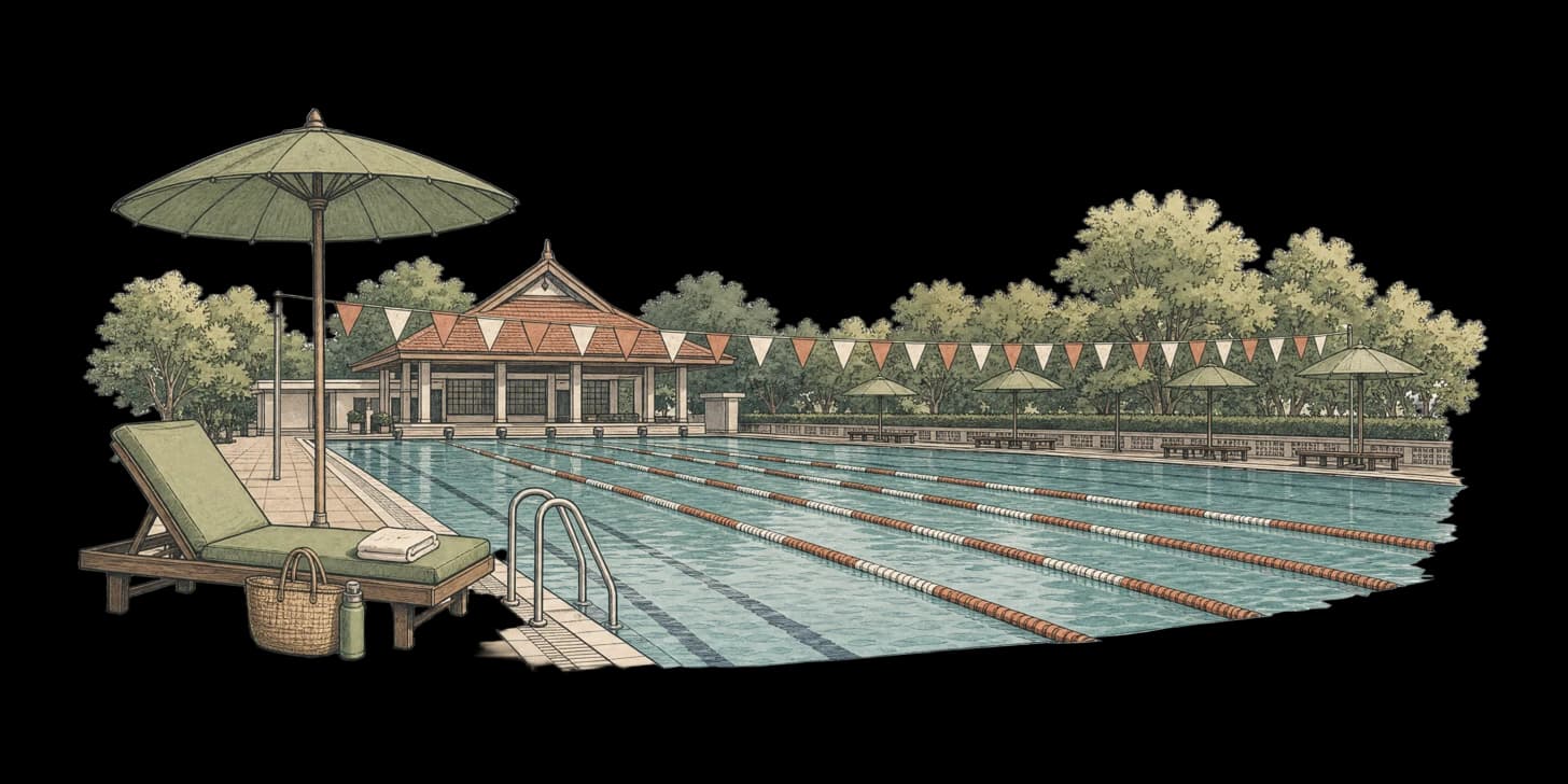 Un nuotatore con una cuffia colorata che fa la doccia a una stazione bordo piscina prima di entrare in una vasca a corsie con le corde divisorie