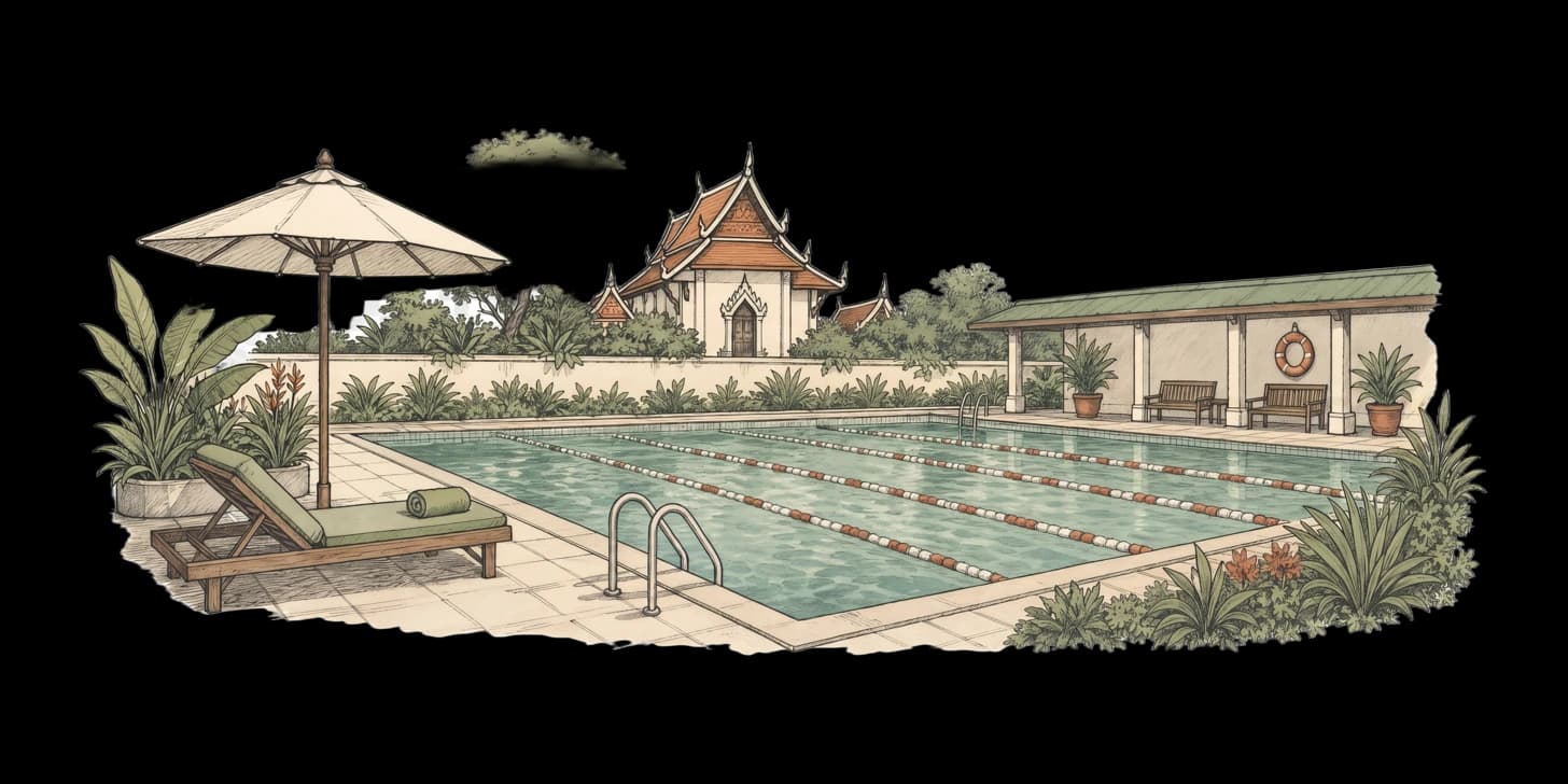 Lettini bordo piscina sotto ombrelloni a righe accanto alla piscina di un resort, con un pool bar e un vassoio di bevande in primo piano
