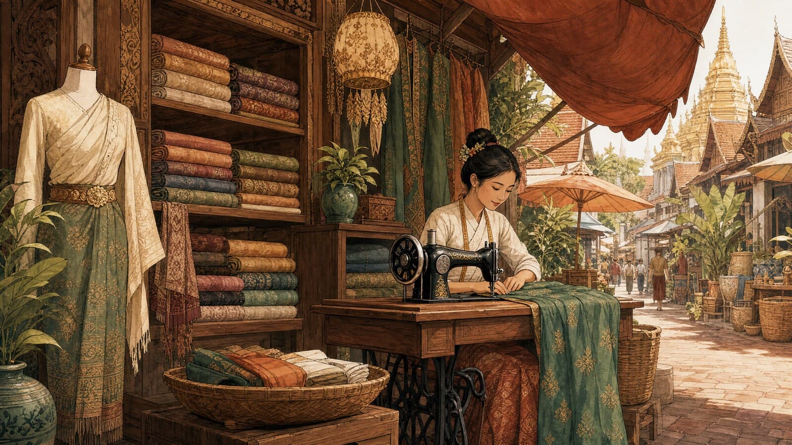A warm Lanna-style illustration of a tailor's shop with bolts of fabric on the shelves and a seamstress working at a pedal sewing machine under a market awning