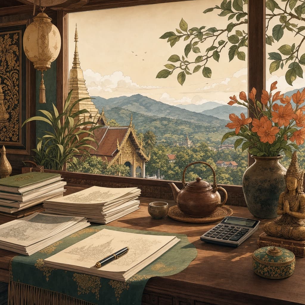 Soft Lanna-style illustration of a tidy wooden desk with neatly stacked papers, a teapot and a small calculator beside a window over Chiang Mai's hills