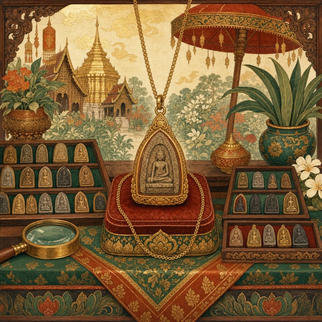 Lanna-style illustration of a Thai amulet market stall — trays of tiny Buddha amulets, a magnifying loupe, an amulet on a gold chain