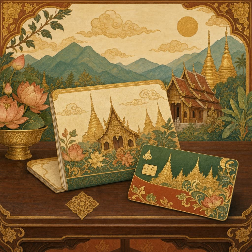 Lanna-style illustration of a Thai bank passbook and a debit card on a teak table, with gold temple motifs and a Chiang Mai mountain backdrop