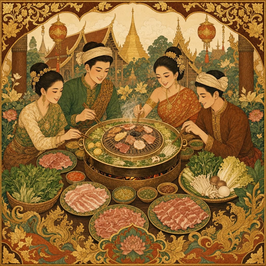 Lanna-style illustration of a mookata dome grill with a moat of broth, plates of meat and veg, friends around the table